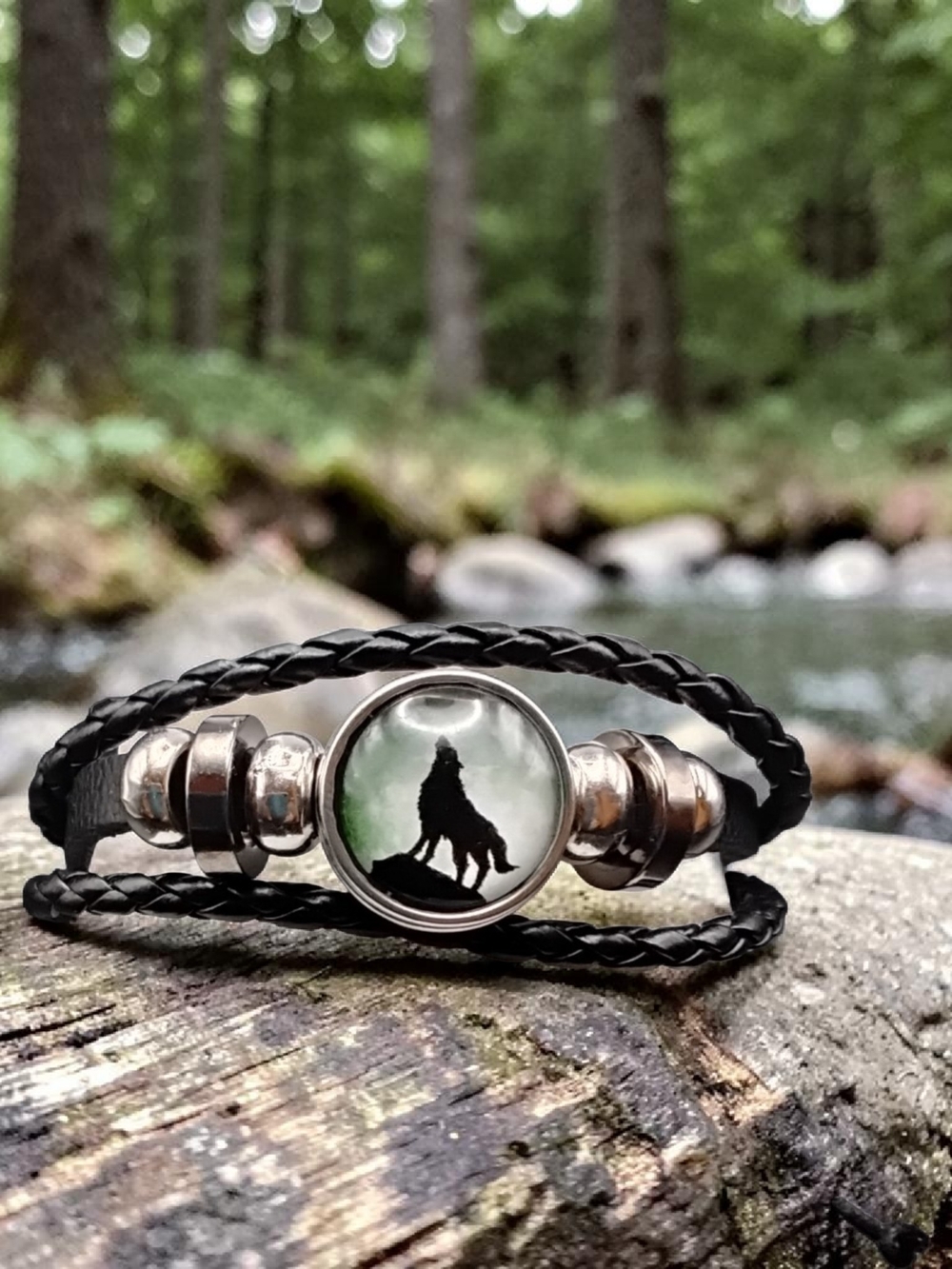 Black Braided Wolf Silhouette Bracelet with Silver Accents